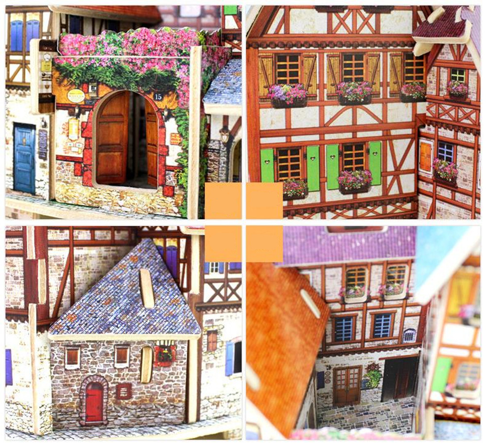 Creative 3D Wood Puzzle DIY Model French Style Hotel Building Puzzle Toy